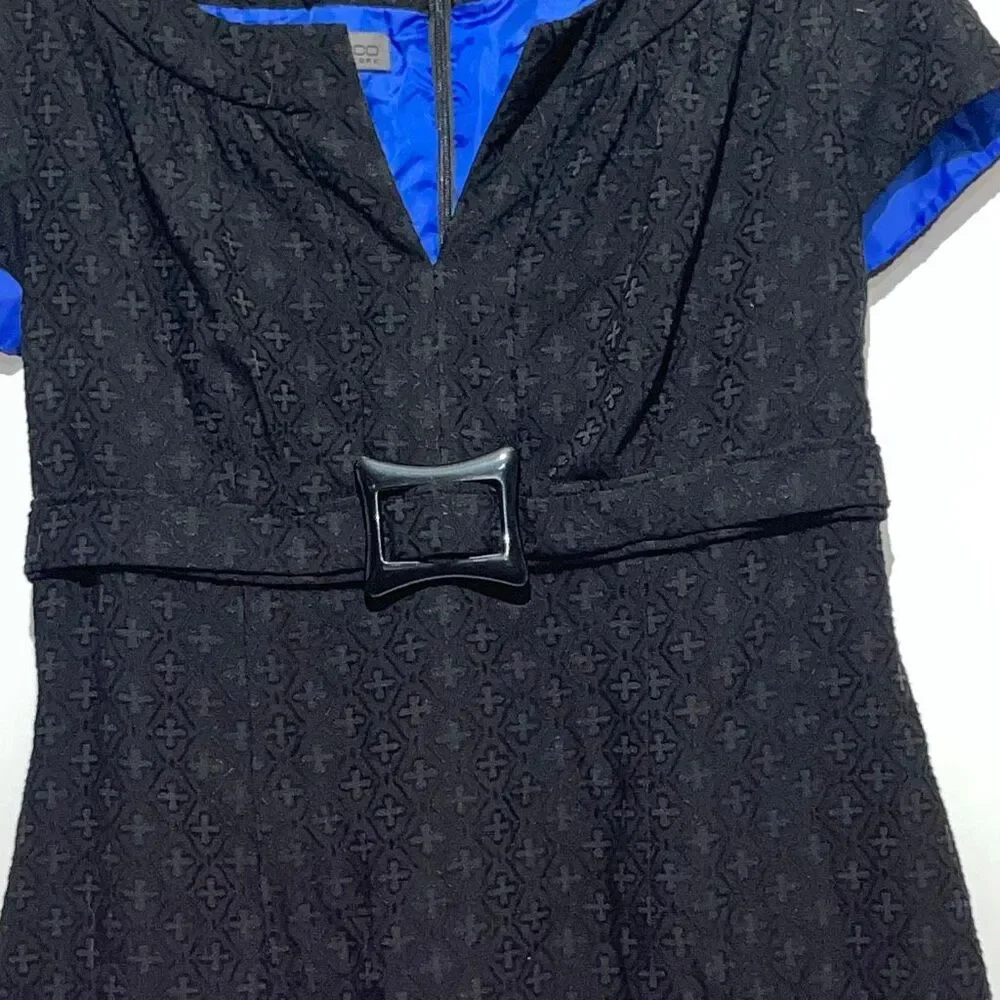 Donna Ricco Black Split Neck‎ Belted Short Sleeve Fit & Flare Dress Size 10
